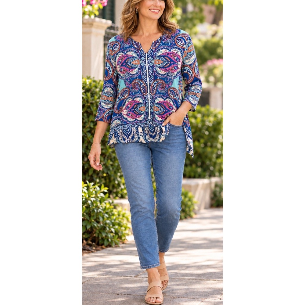 Chicos 2   Large Women's Tee Top 3/4 Sleeve Paisley Tunic Teal Slits Stretchy